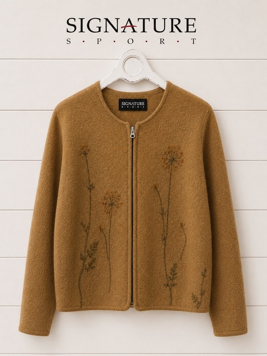 Signature sport Sweaters - SIGNATURE SPORTS Camel Wool Zip Cardigan Floral Motif Size L